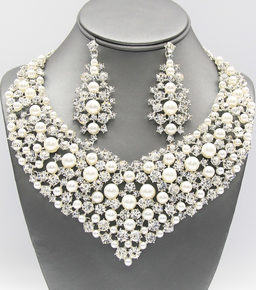 Elegant White Pearl Statement Necklace Set Wpjewelry